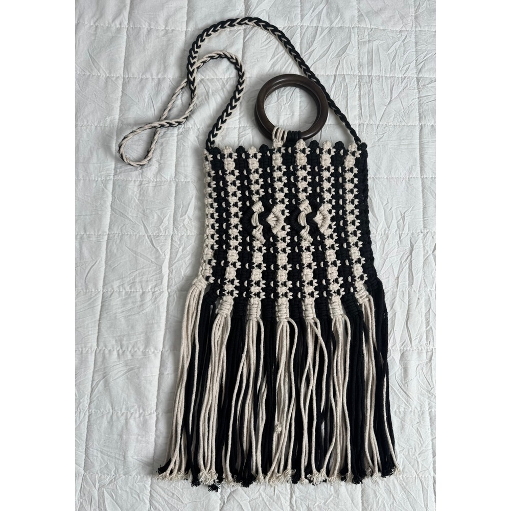 Woven Fringe Crossbody Bag - Black & Cream